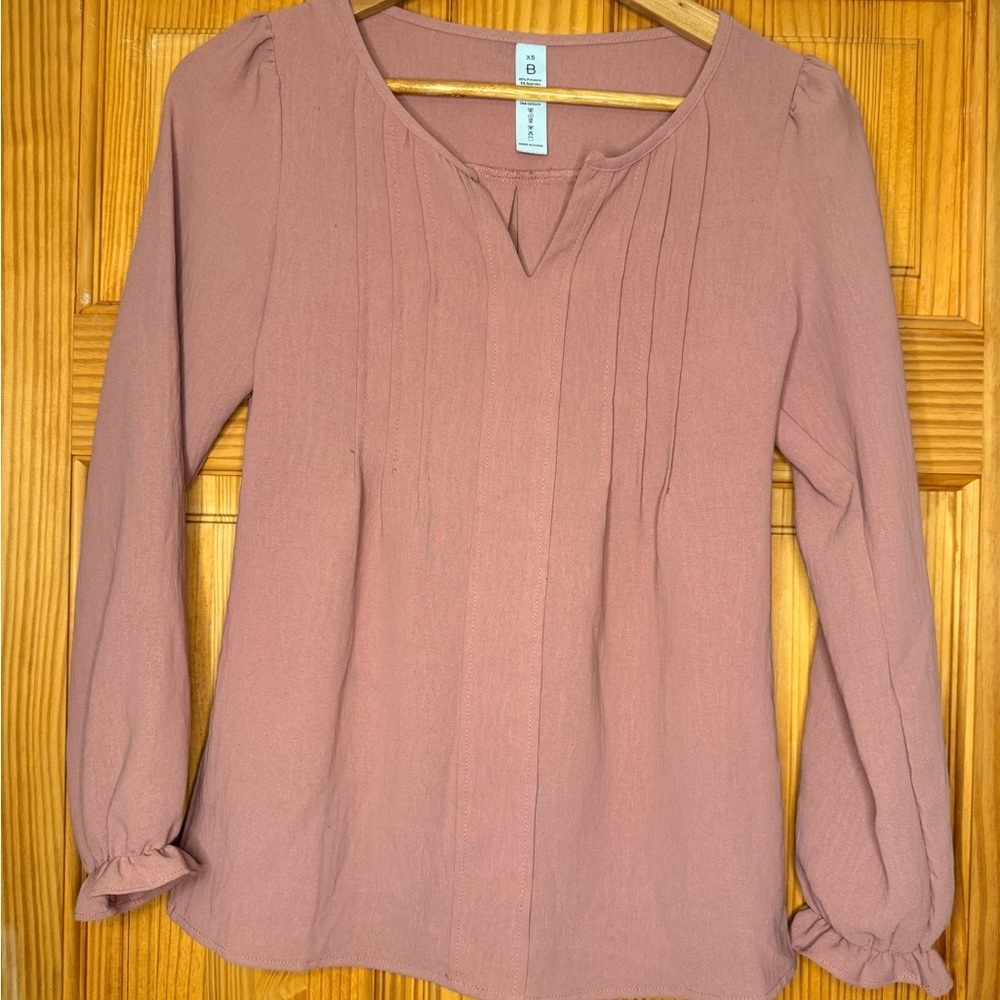 Dusty Rose Pleated Front Long Sleeve Blouse V Neck Pink Top Size XS